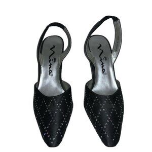 Nina Womens Black Satin Rhinestone Slingback Heels Size 8.5 With Leather Sole
